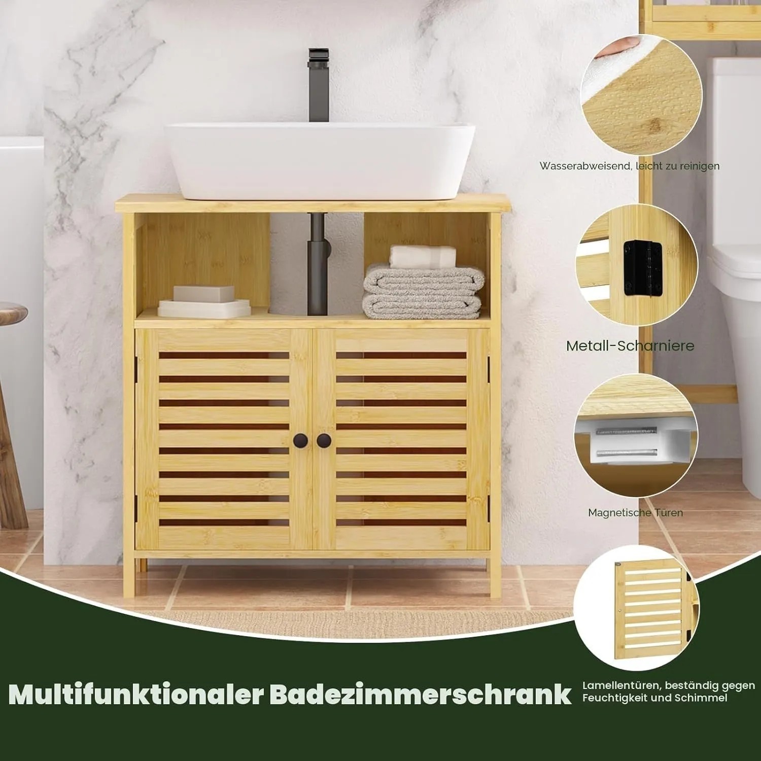 EUGAD Bambus Waschbeckenunterschrank mit Lamellentüren, offenem Fach und weißem Aufsatzwaschbecken.