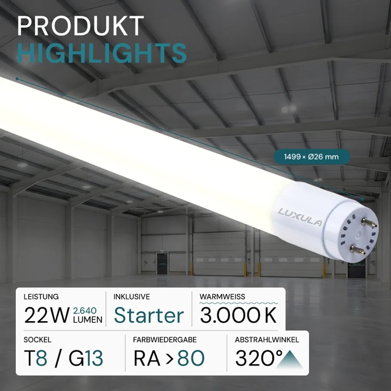 LUXULA LED T8 Röhre 150cm 22W 2640lm 3000K Warmweiß Leuchtstoffröhre inkl. Starter/Brücke Nano-Kunststoff Flickerfrei IP20_2