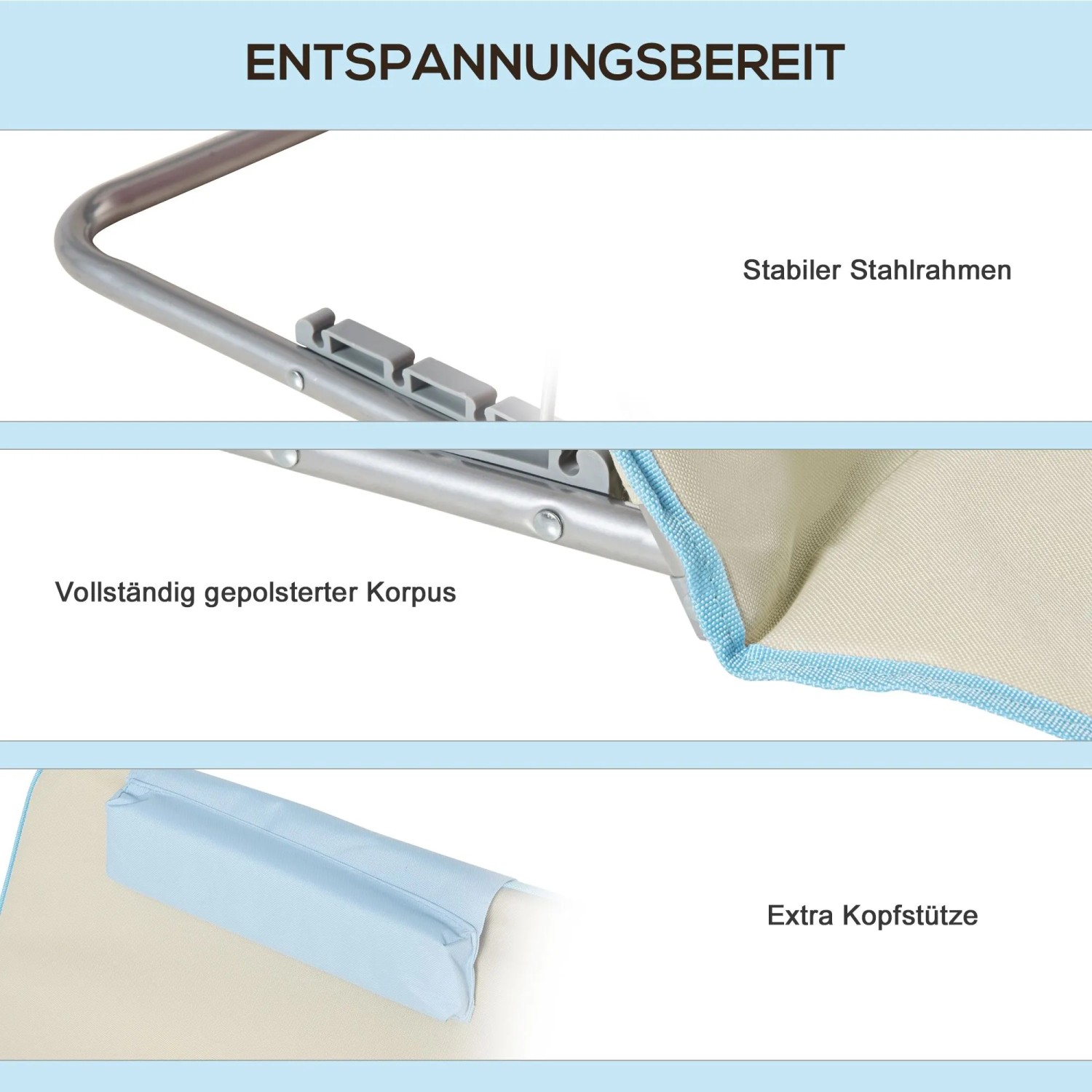 Detailansicht Furnicato Strandmatten Set: Stahlrahmen, Polsterung, Kopfstütze.