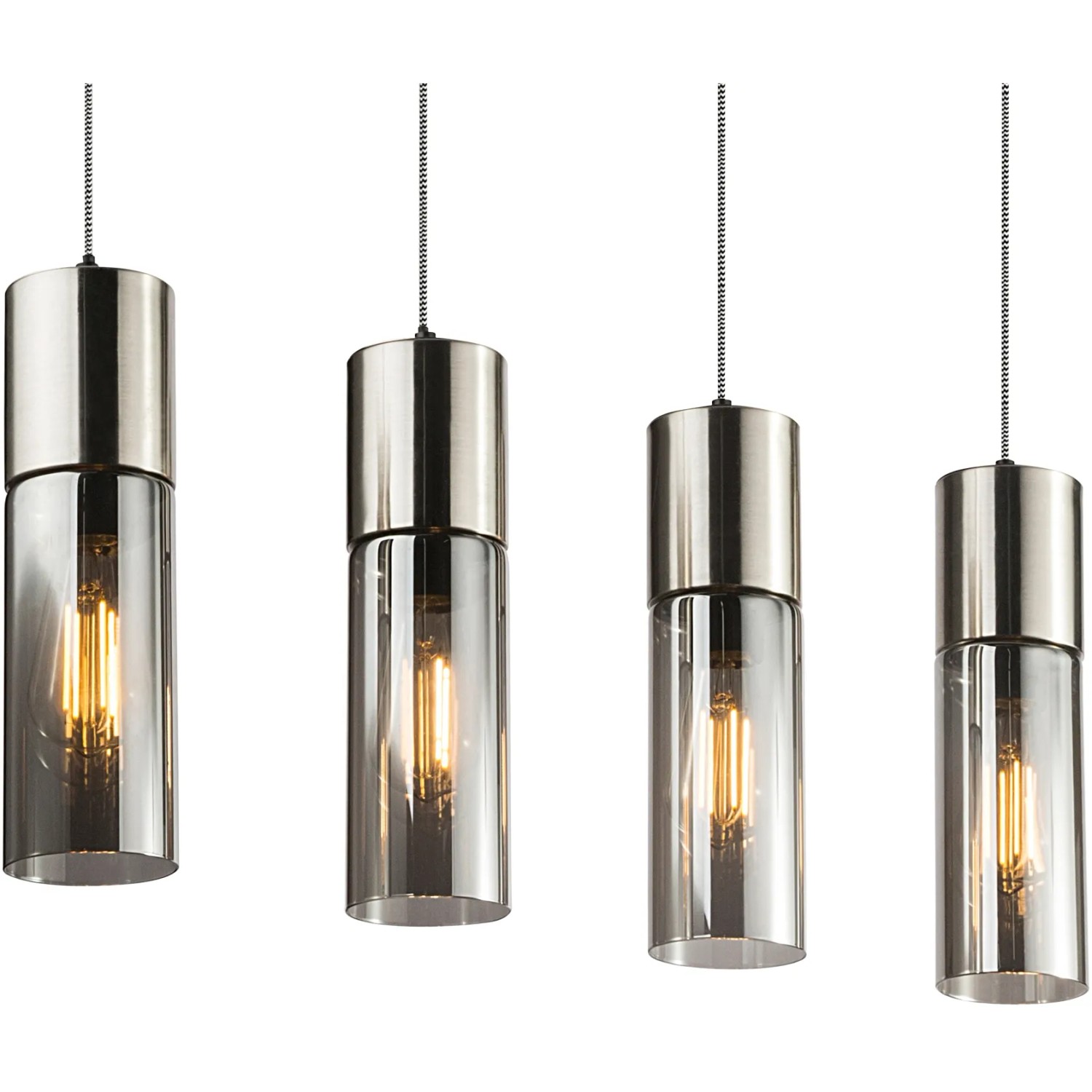Globo Pendelleuchte Annika mit vier Rauchglas-Zylindern und Nickel matt Finish.