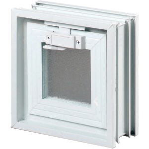 Weißes Lüftungsfenster 189x189 mm für Glasbausteine, mit integriertem Insektenschutz.