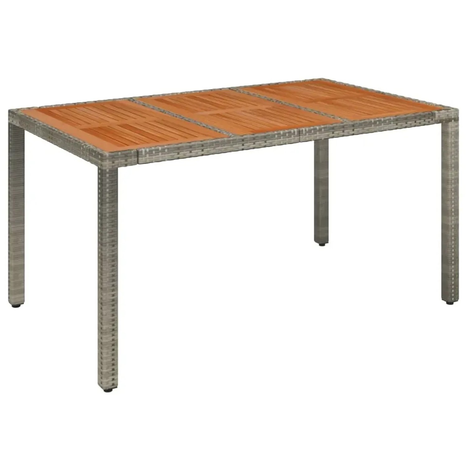 vidaXL Garten-Esstisch: Grau Poly Rattan, Akazienholz-Tischplatte, Teil der 7-tlg. Essgruppe.
