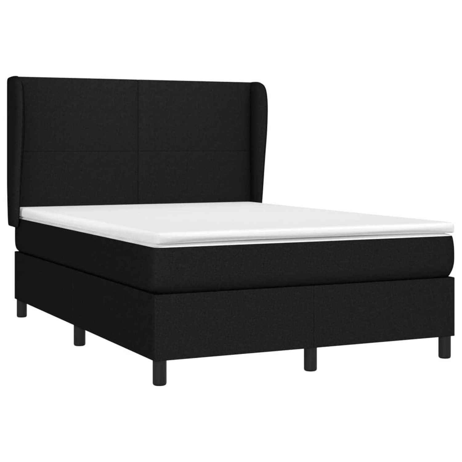 Schwarzes vidaXL Boxspringbett (140x200 cm) mit Matratze und Kopfteil aus Stoff.