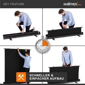 Mann demonstriert schnellen Aufbau des schwarzen Walimex Pro Roll-Up Fotohintergrunds (155x200cm) für Studio & Porträts.
