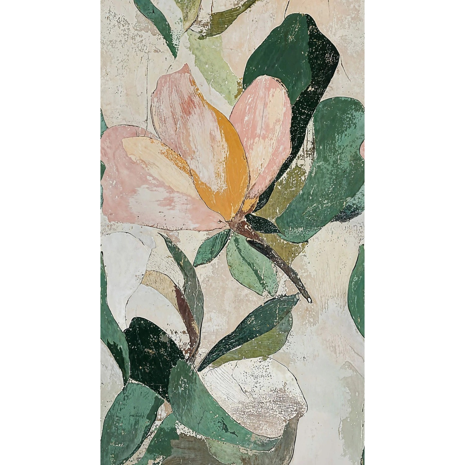 Fototapete Floral in Grün, Creme-Weiß, Beige und Rosa mit Blumenmuster.