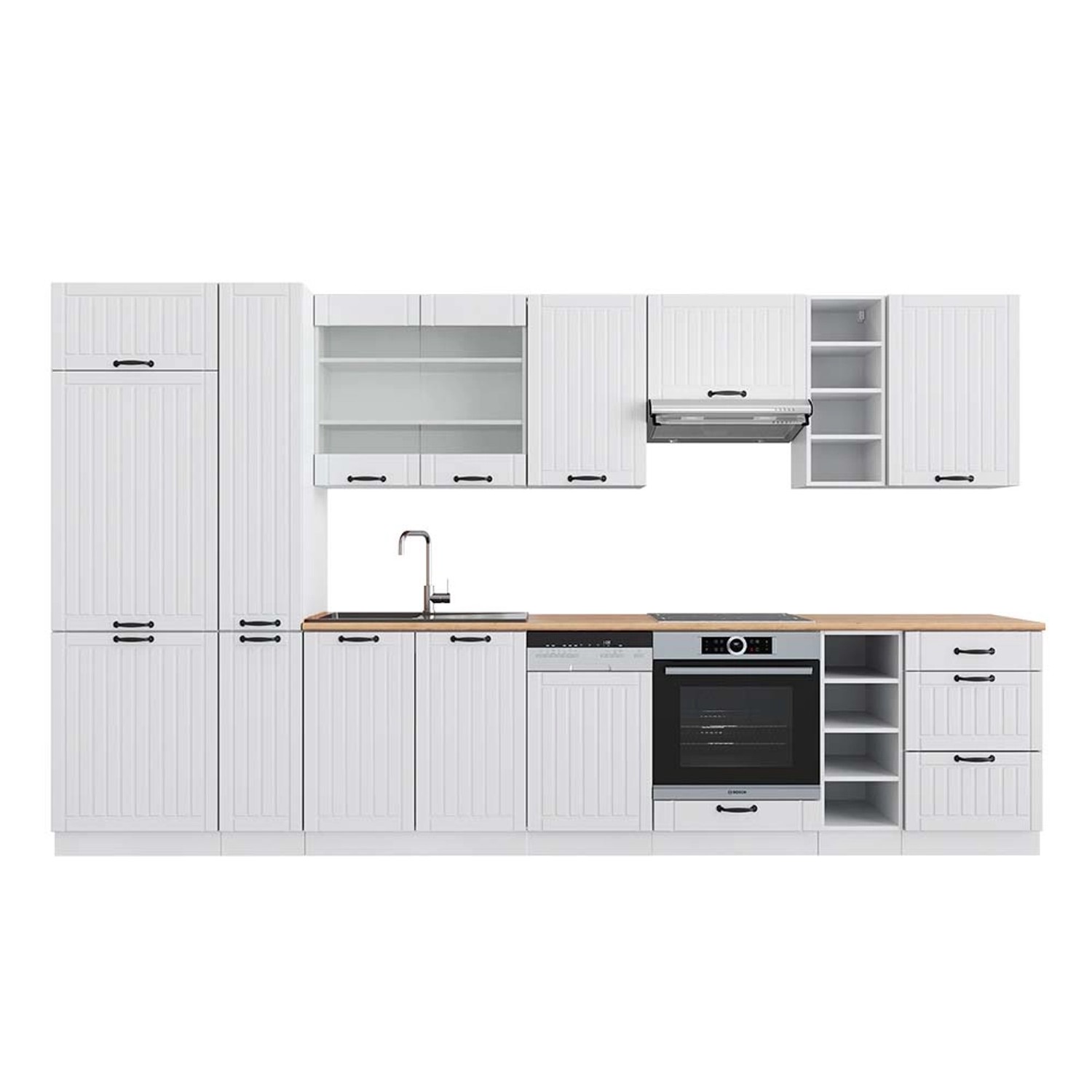 Vicco Fame-Line Küchenzeile Weiß Landhaus/Weiß 355 cm AP Eiche günstig online kaufen