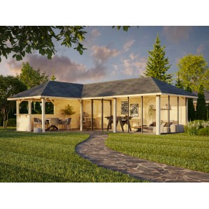 Palmako Pavillon Bianca Set 221, lackiert weiß, mit Schiebetüren und Tresenanlage im Garten.