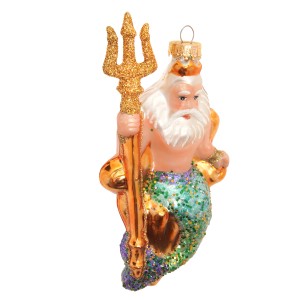 Mehrfarbiger Krebs Glas Lauscha Neptun Baumschmuck aus Glas, 15cm, mit goldenem Dreizack und Glitzerflosse.