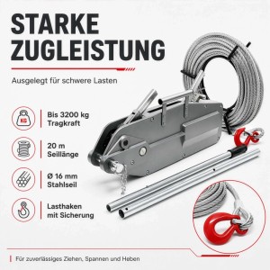 Wiltec Seilzug 3200kg: Grauer Handseilzug mit 20m Stahlseil, rotem Lasthaken und Hebel. Ideal für Forst, Garten, Heben.