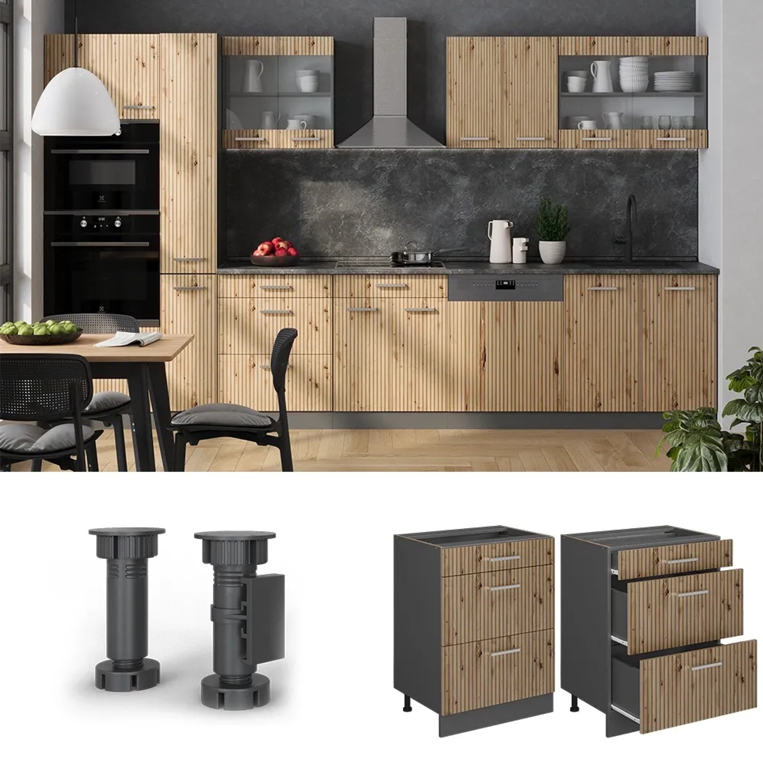 Vicco Küchenunterschrank R-Line Artisan-Eiche/Anthrazit, 60 cm, mit Schubladen.