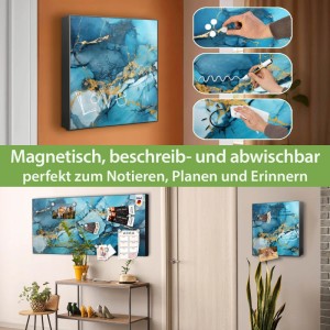 Banjado Großer Schlüsselkasten Metall 30x30cm Schwarz Scharnier Links 50 Haken Beschreibbar Magnetisch Motiv Blauer Marmor mit Gold 2