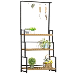 Outsunny Blumenständer mit 3 Ebenen Tannenholz Eisen 80L x 36B x 174H cm Schwarz+Natur