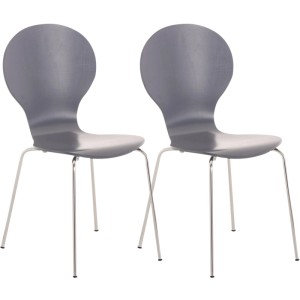 Zwei graue CLP DIEGO Stapelstühle mit ergonomischer Holzschale und verchromtem Metallgestell. Ideal als Esszimmerstuhl.