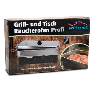 Verpackung des Westline Profi Grill Tischräucherofens aus Edelstahl für bis zu 8 Forellen.