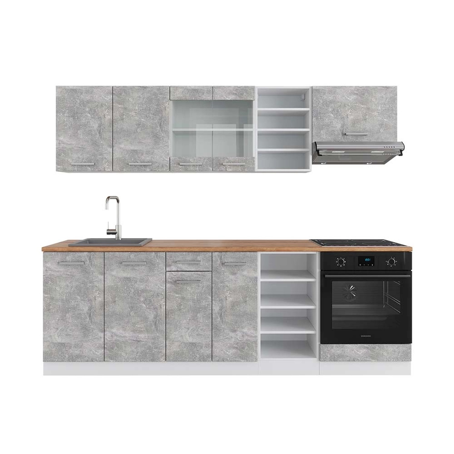 Vicco R-Line Küchenzeile Beton/Weiß 240 cm AP Eiche günstig online kaufen