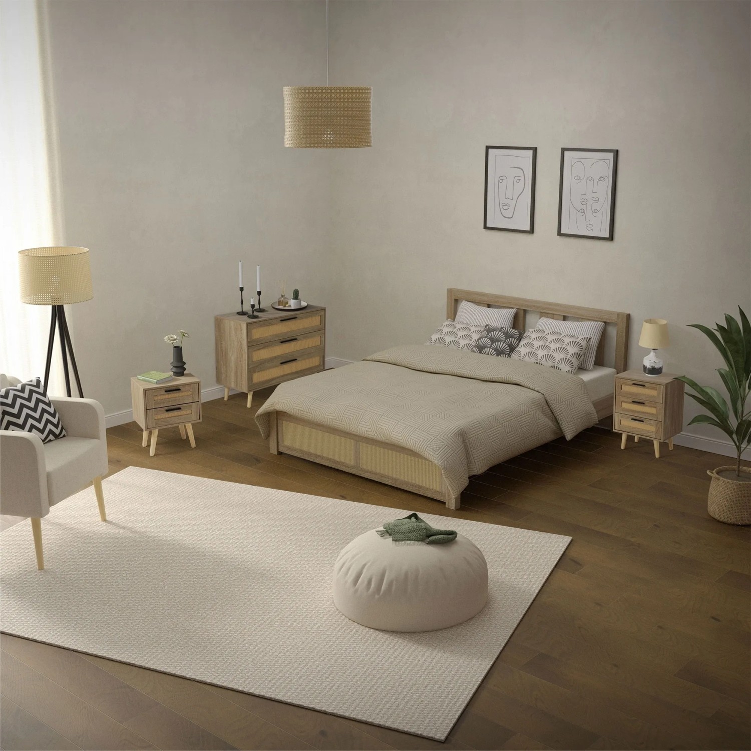 ML-Design Nachttisch in Eiche Optik mit 2 Schubladen im Schlafzimmer.