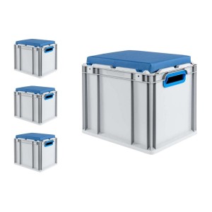 SparSet: 4 blaue Euroboxen mit Deckel und Sitzkissen, 30 Liter, als Transport- und Sitzbox.