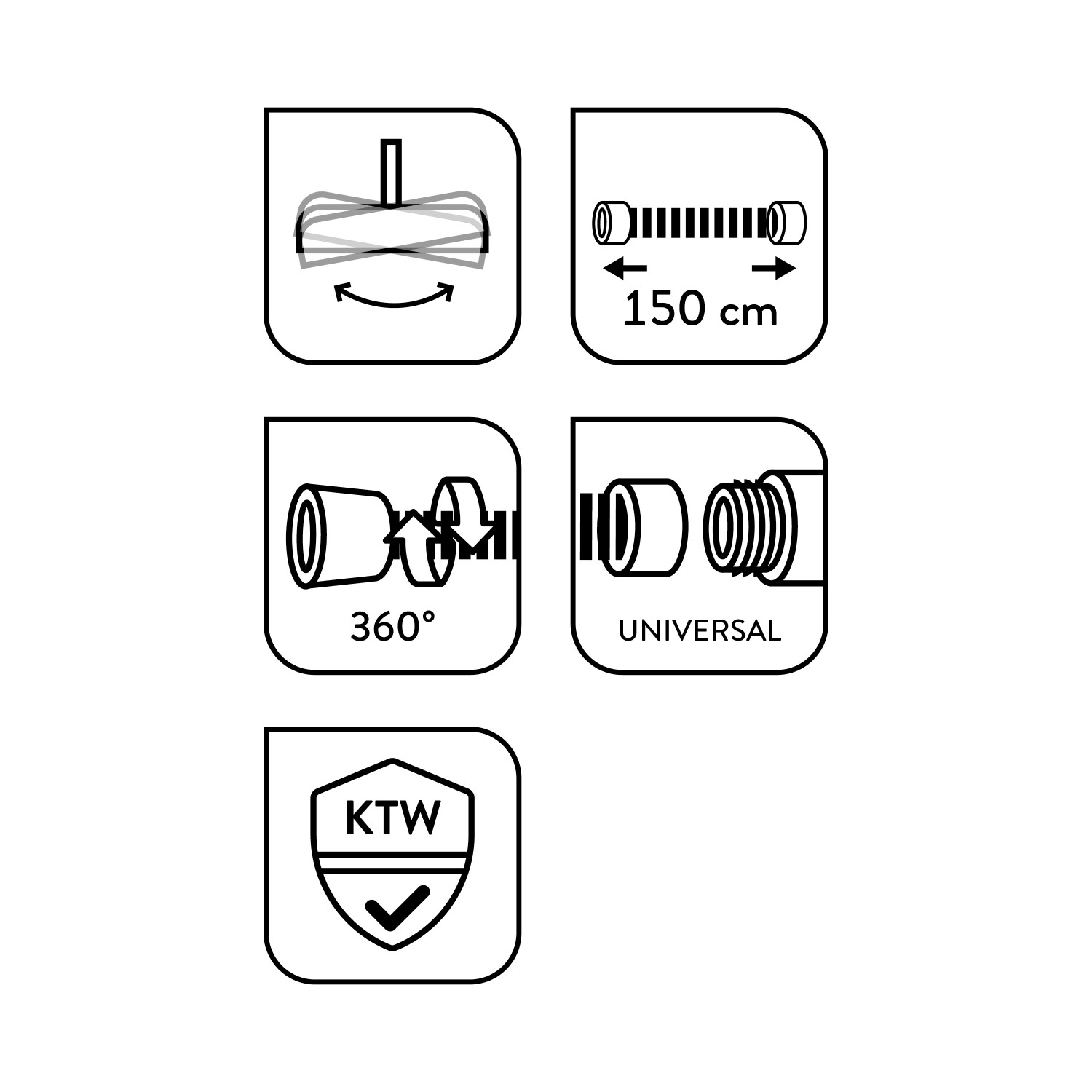 Piktogramme zu: Drehbarkeit, Schlauchlänge 150cm, 360° drehbar, Universal, KTW-Zertifikat für baliv Brauseset.