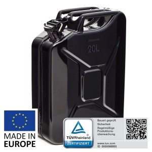 Schwarzer 20L Metall Kraftstoffkanister, TÜV-geprüft, ideal für Benzin, Diesel & E10.