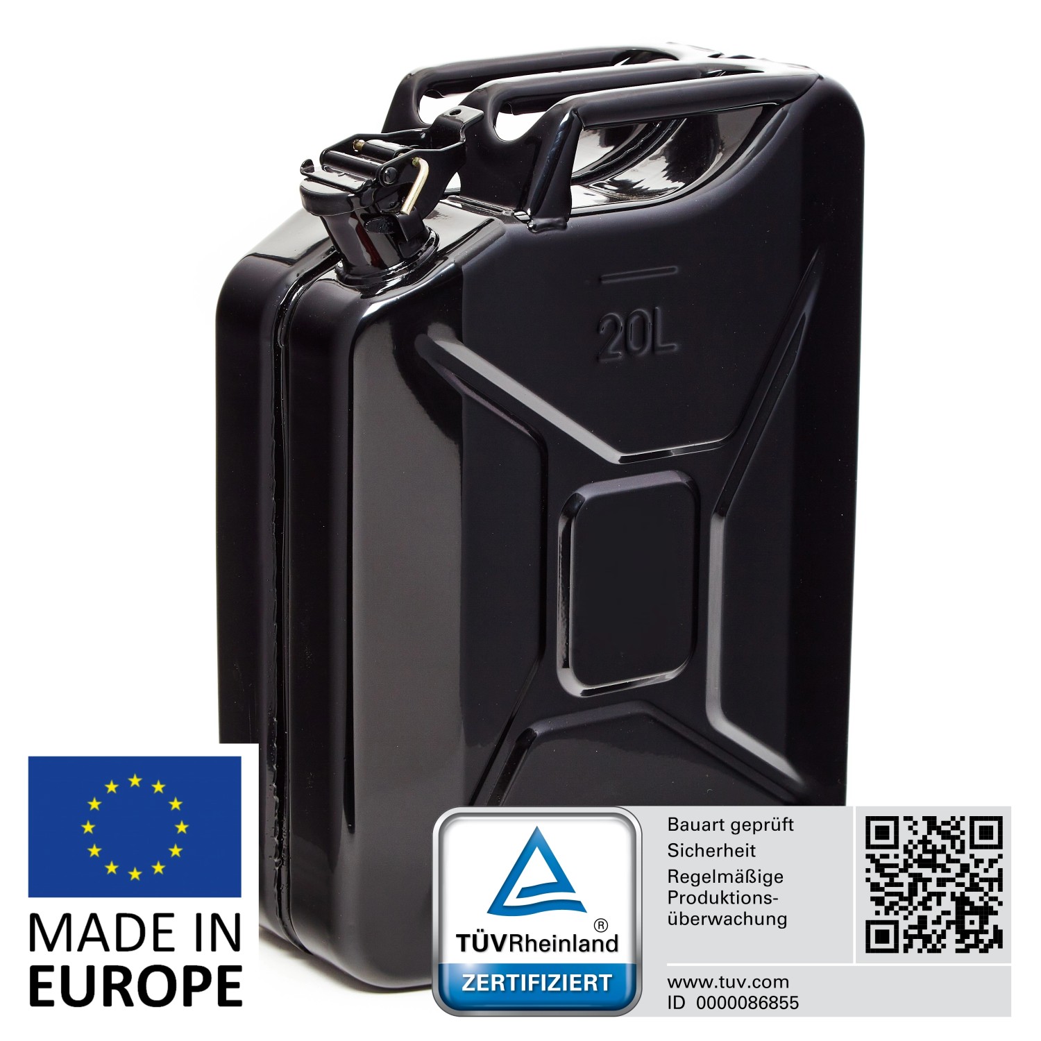 Schwarzer 20L Metall Kraftstoffkanister, TÜV-geprüft, ideal für Benzin, Diesel & E10.