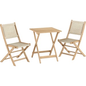 3-teiliges Balkon-Set Templeton aus Akazienholz mit Klapptisch und Stühlen mit Polyrattan-Sitzfläche.