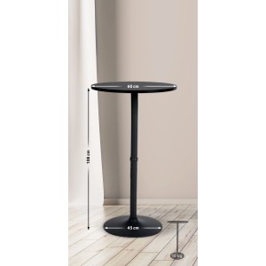 Runder schwarzer Stehtisch mit Holzplatte, 60 cm Durchmesser, 108 cm hoch. Schwarzes Metallgestell.