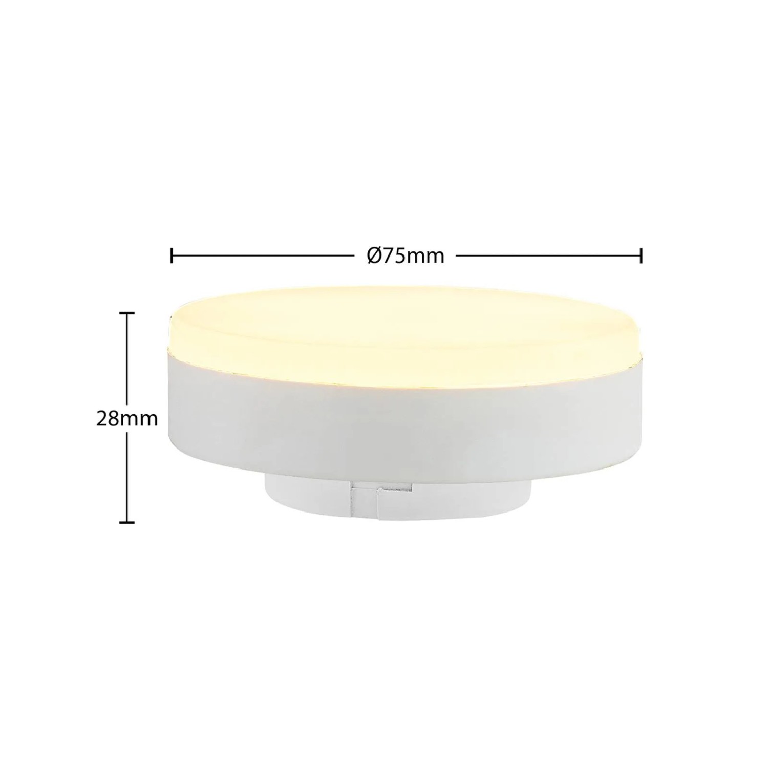 Weiße, runde Arcchio GX53 LED Lampe 10W mit warmweißem Licht, 75mm Durchmesser, 28mm Höhe. Ideal als Leuchtmittel.