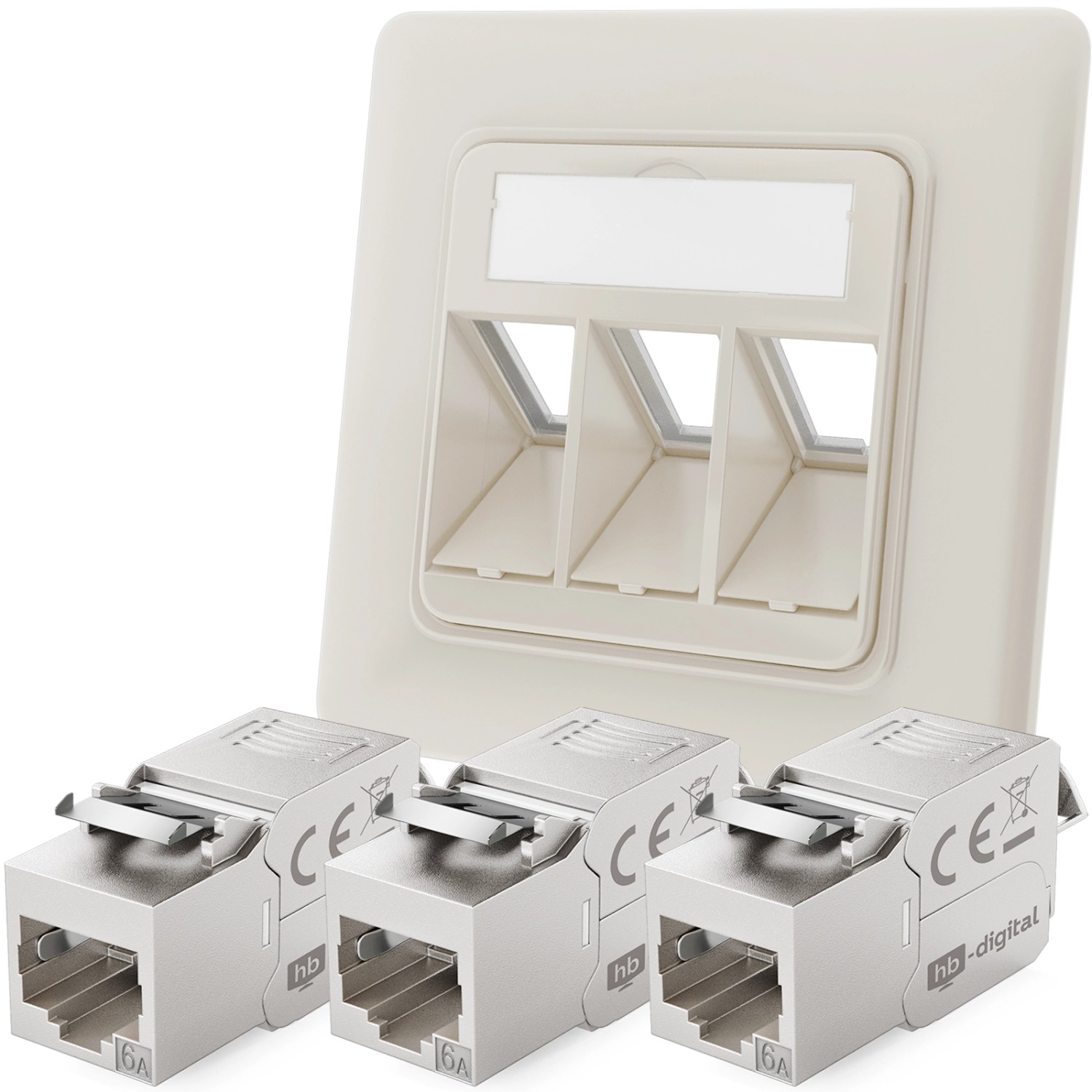 hb-digital Netzwerkdose Unterputz Einsatz 3 Port mit 3x Keystone Modul CAT 6a RAL9010