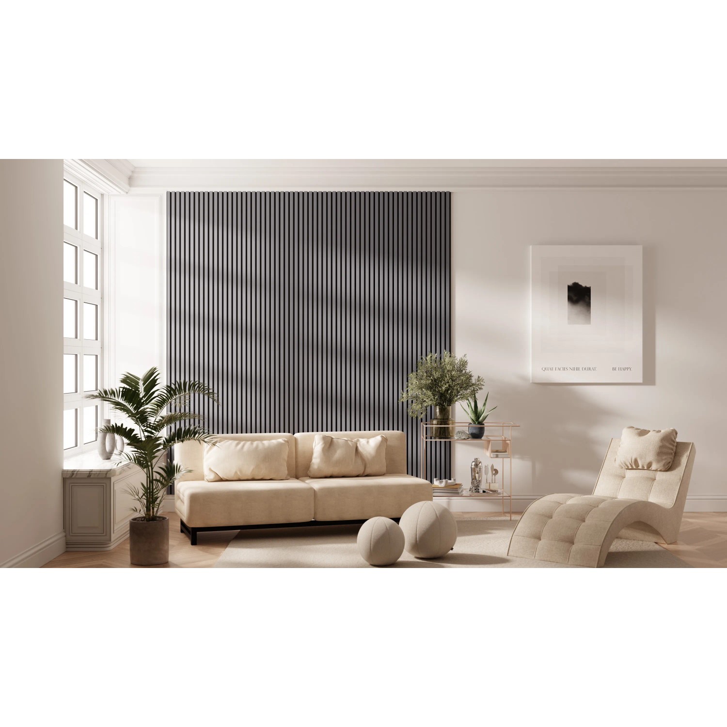 Wohnraum mit Arctic Grey Akustikpaneel-Muster an der Wand hinter einem beigen Sofa.