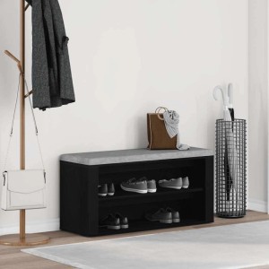 Schuhbank in Schwarz Eiche Optik mit zwei Fächern für Schuhe im Flur.