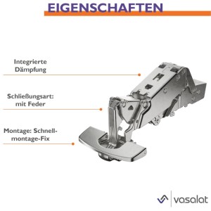 vasalat Set: Zwei vernickelte Weitwinkelscharniere (165°) mit Dämpfung und Montageplatten.