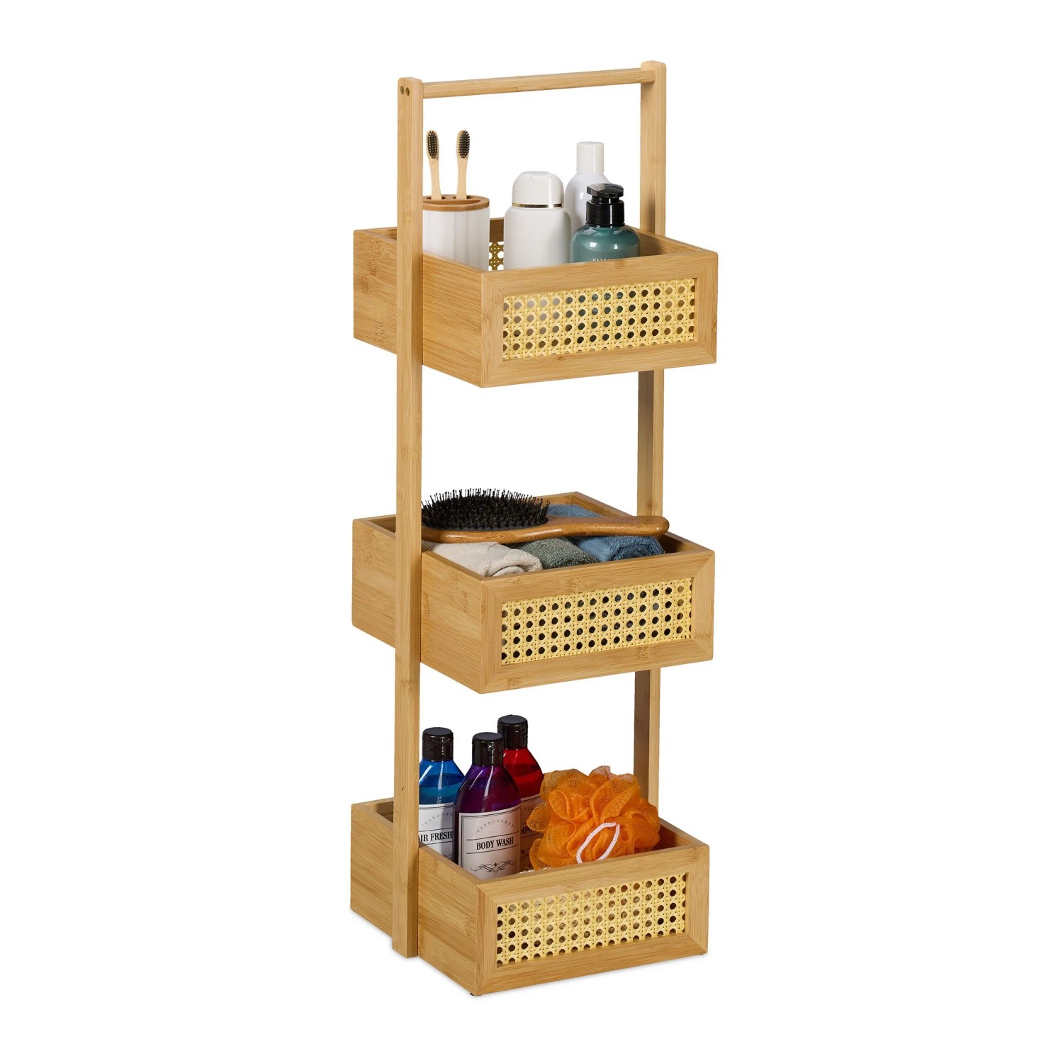 Relaxdays Badregal Bambus Rattan Natur mit 3 Ablagen 83 cm x 27 cm x 26 cm 2,7 kg