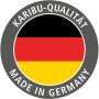 Karibu Sauna Stina: Qualitätssiegel Made in Germany mit Deutschlandflagge.