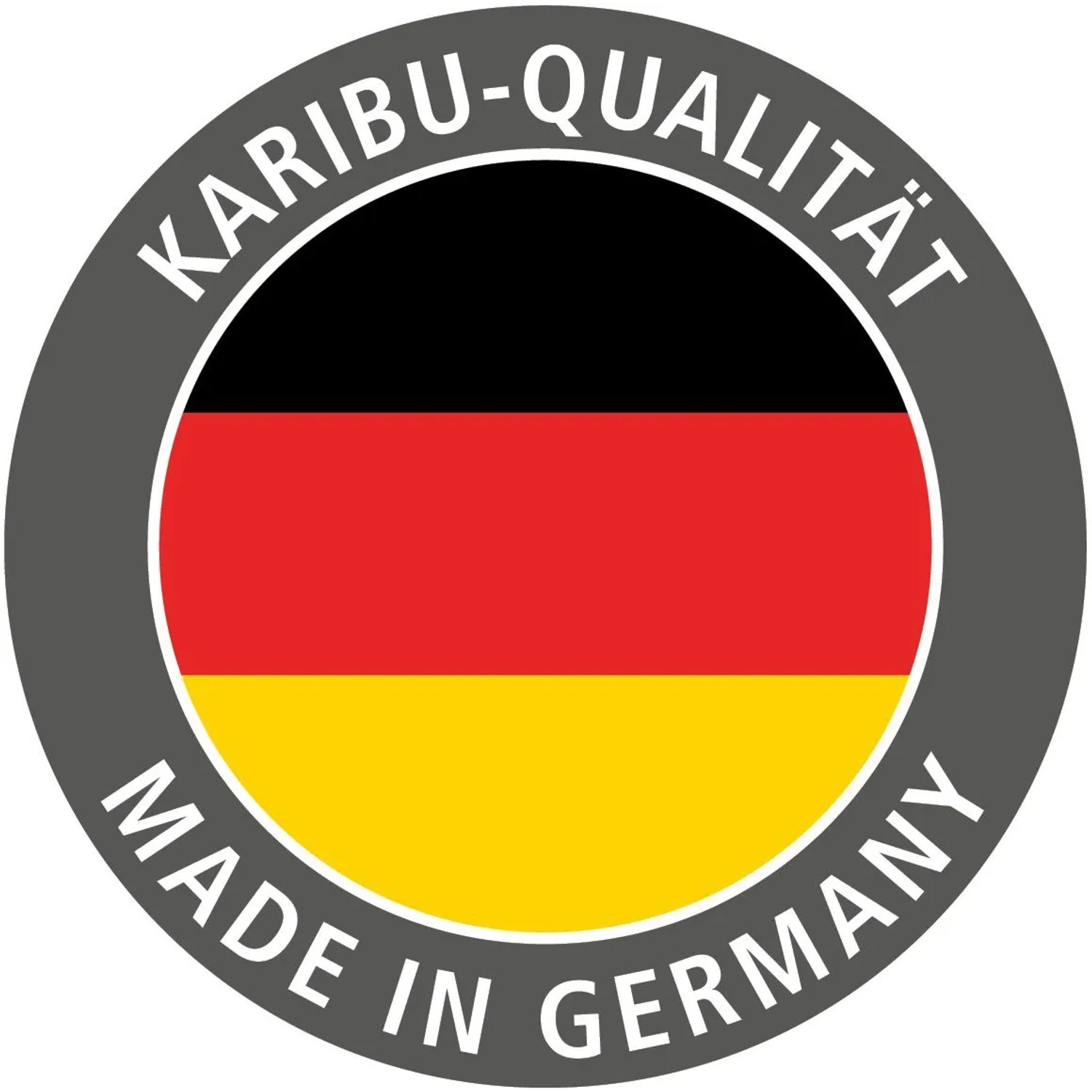 Karibu Sauna Stina: Qualitätssiegel Made in Germany mit Deutschlandflagge.
