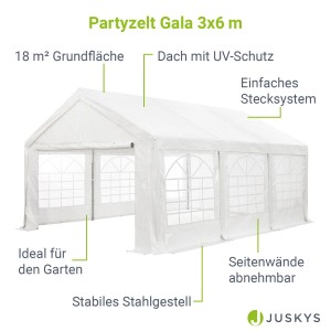 Weißes Juskys Partyzelt Gala 3x6 m mit Stahlgestell und abnehmbaren Seitenwänden für Gartenpartys.