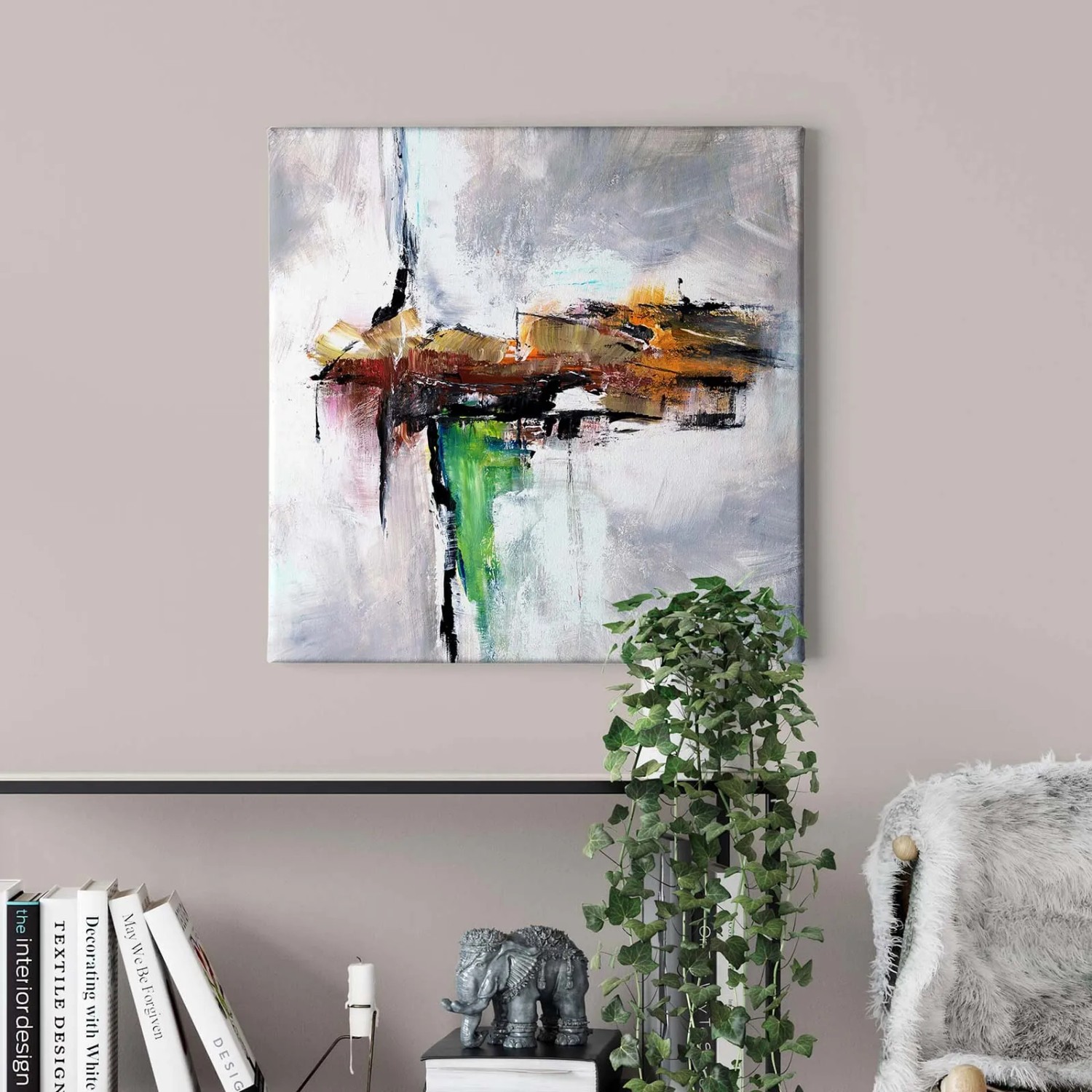Modernes Leinwandbild in Weiß und Braun mit abstraktem Gemälde-Stil für die Wanddekoration.