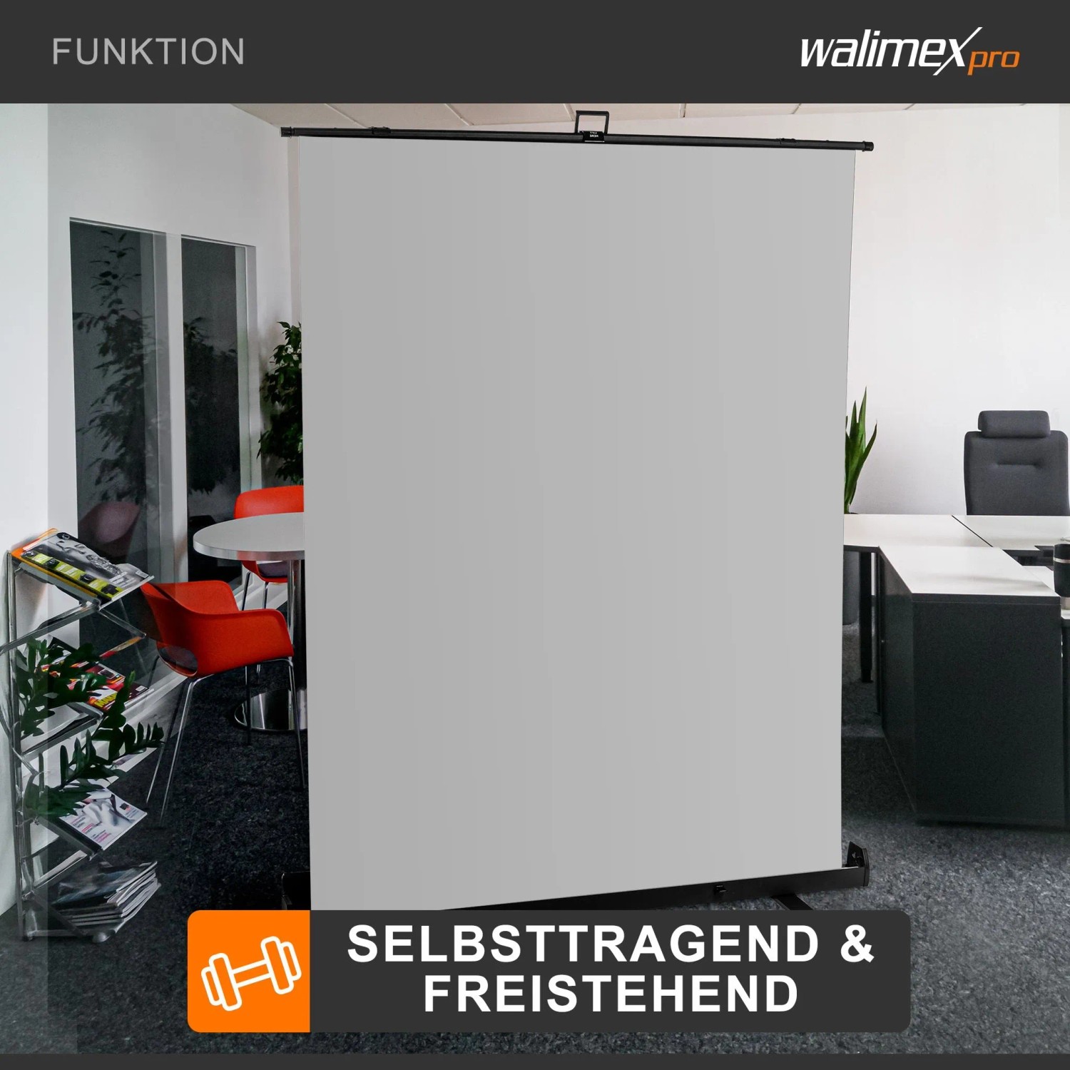 Grauer Walimex Pro Roll-Up Fotohintergrund (155x200cm) im Büro. Selbsttragend & freistehend für Studio & Videokonferenzen.