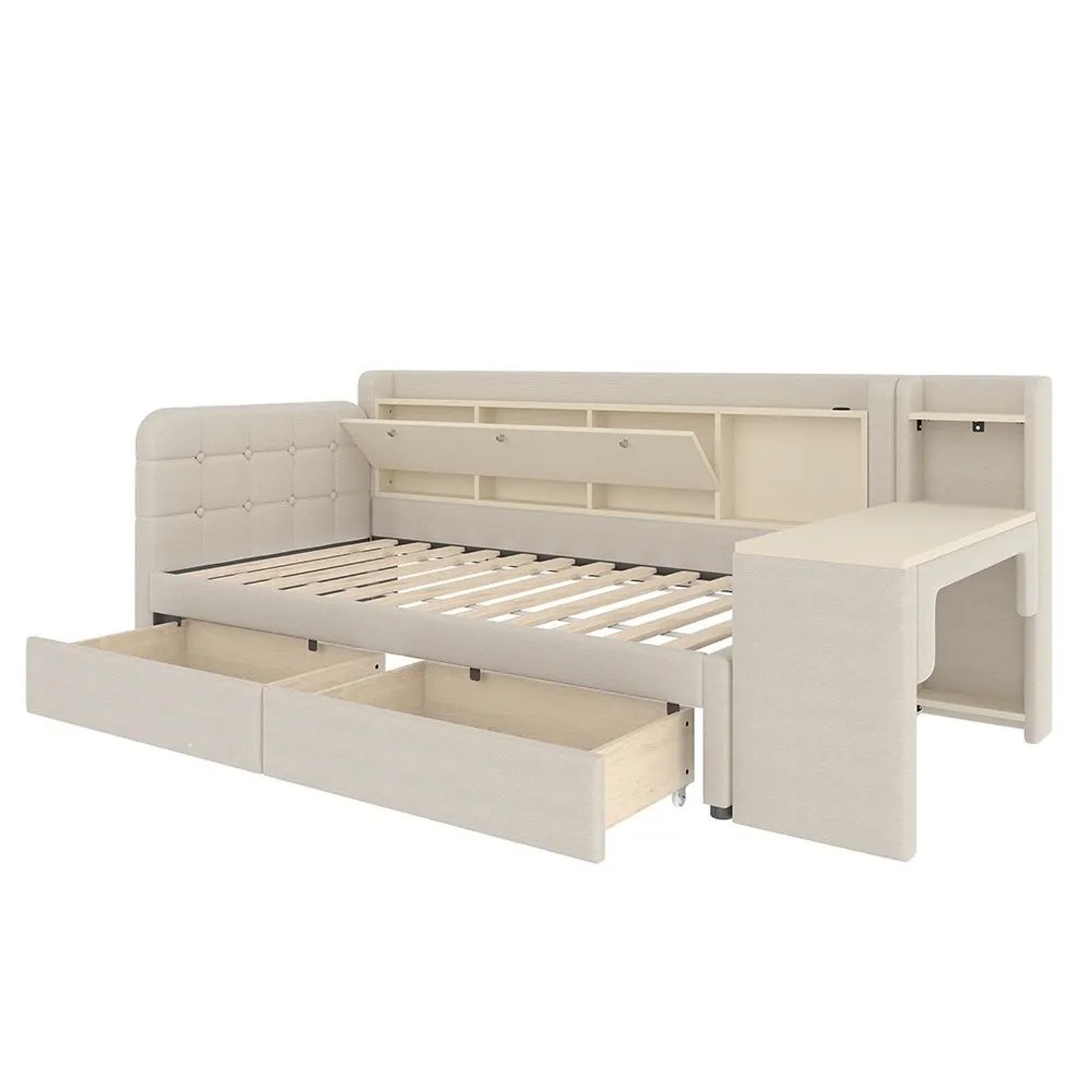 KOMHTOM Chaiselongue 90 x 200 Cm  Umwandelbar  Mit 2 Schubladen  Schreibtisch  Klappbarem Staufach  Beige