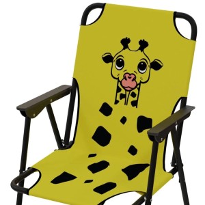 Gelber Kinder Campingstuhl mit Giraffen-Motiv. Klappbarer Gartenstuhl für Camping & Outdoor.