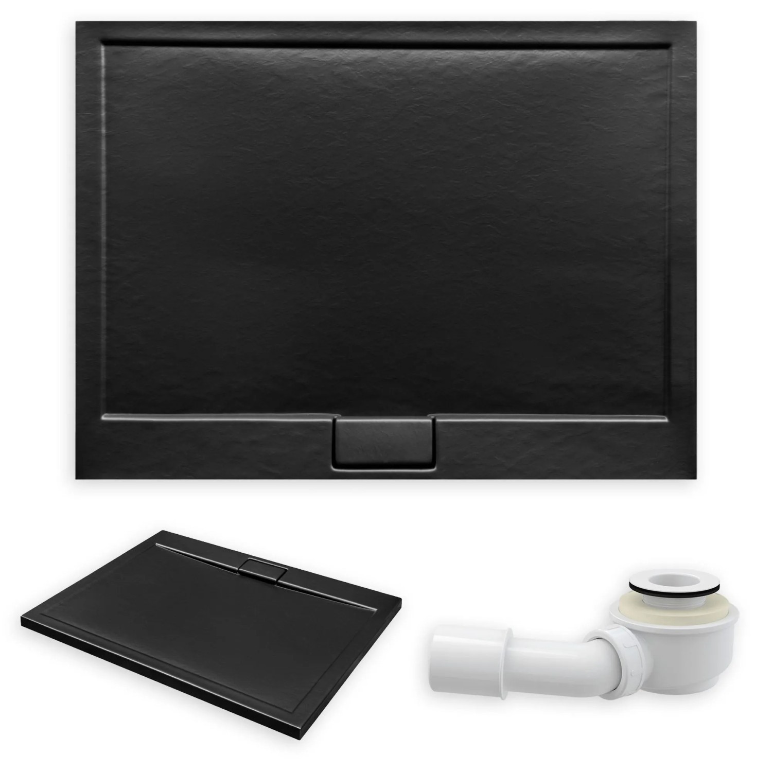 KOLMAN DUSCHWANNE Rechteckig Schwarz Steinoptik 110x90 cm Set mit Ablaufgarnitur