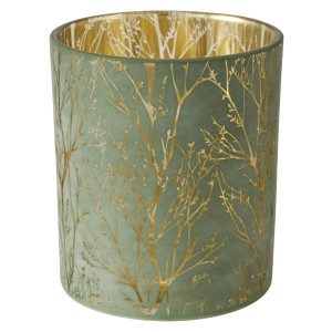 Boltze Windlicht Astano, kleine Glaslaterne in Grün mit goldenem Baum-Dekor, 7x8 cm.