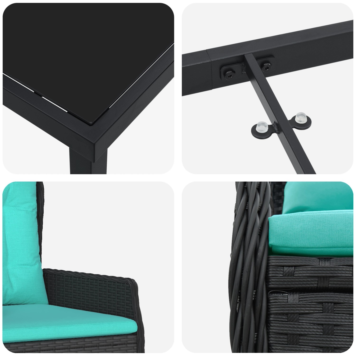 Detailansicht: Schwarze vidaXL Garten Essgruppe mit Poly Rattan und türkisen Kissen.