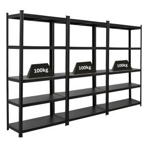 3 mattschwarze Schwerlastregale Ragnar, je 180x90x40 cm, mit je 5 Böden und 100kg Fachlast.
