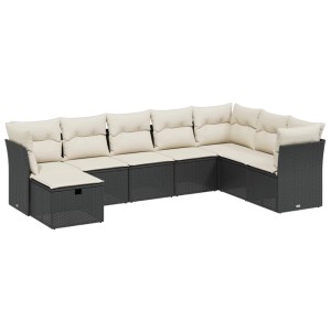 Schwarze vidaXL Garten-Sofagarnitur aus Rattan mit cremefarbenen Kissen, U-Form.