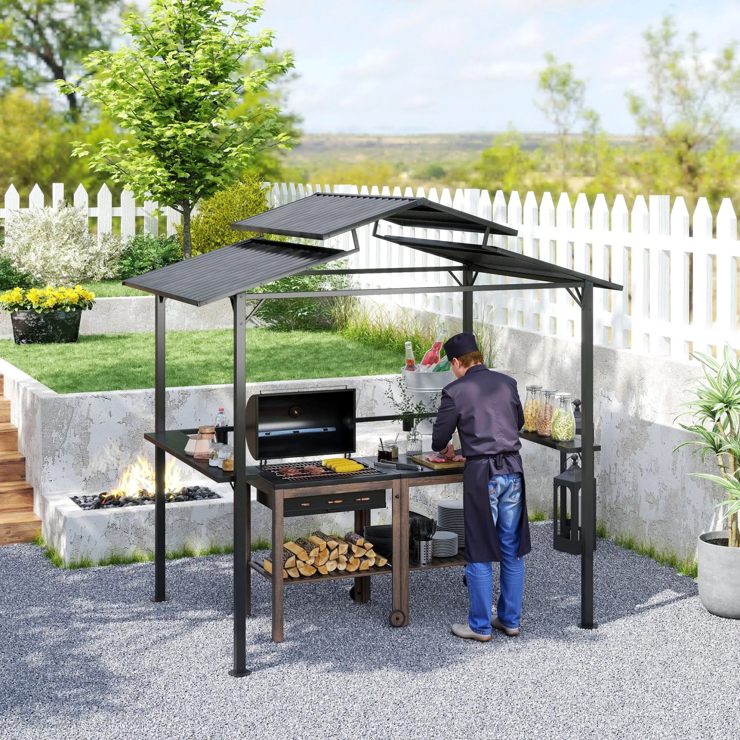 Schwarzer Outsunny Grillpavillon aus Metall mit Regalen und Grill unter dem Dach.