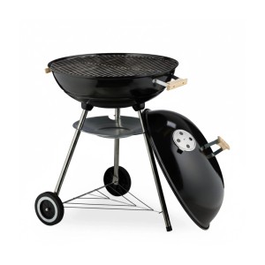 Schwarzer Relaxdays XL Kugelgrill aus Stahl mit offenem Deckel, fahrbar auf Rädern, Holzgriff und Ablage.