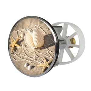 Waschbeckenstöpsel mit Strandperle Dekor, 38-40 mm. Excenterstopfen mit Muscheln und Seesternen.