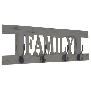 Graue MCW Wandgarderobe im Shabby-Look mit 4 Doppelhaken und "Family" Schriftzug.