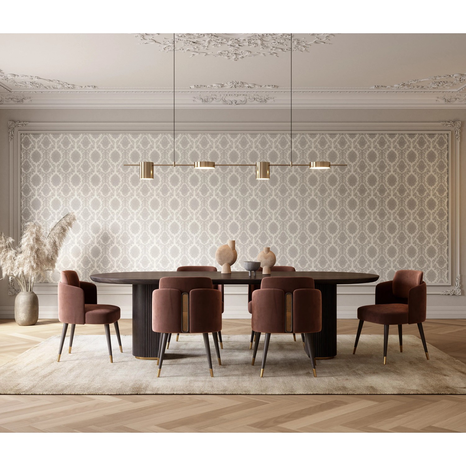 Raumansicht: Erismann Vliestapete Versailles Royal in Taupe mit opulentem Ornament.