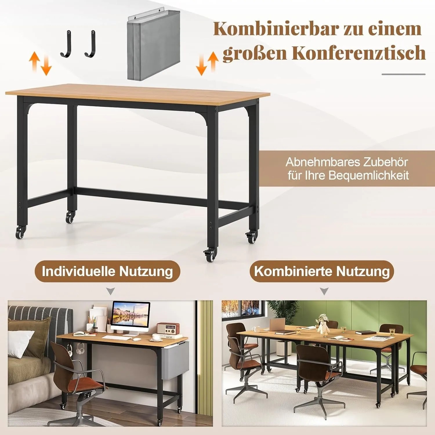Costway Schreibtisch Natur mit Rollen, schwarzem Metallgestell. Mobil als Computertisch oder kombinierbar zum Konferenztisch.